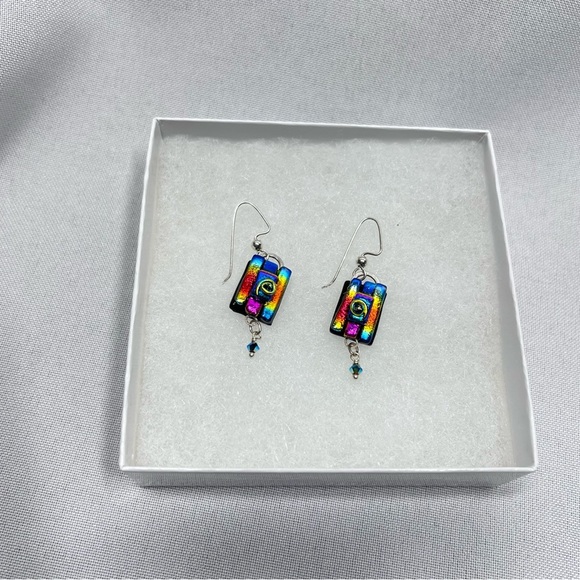 FUSED DICHROIC GLASS Multicolored Hand Crafted Artsy Dangle Earrings - Picture 12 of 13